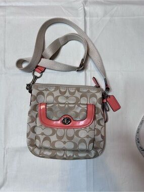 Coach Beige Signature Crossbody with Pink Patent Trim